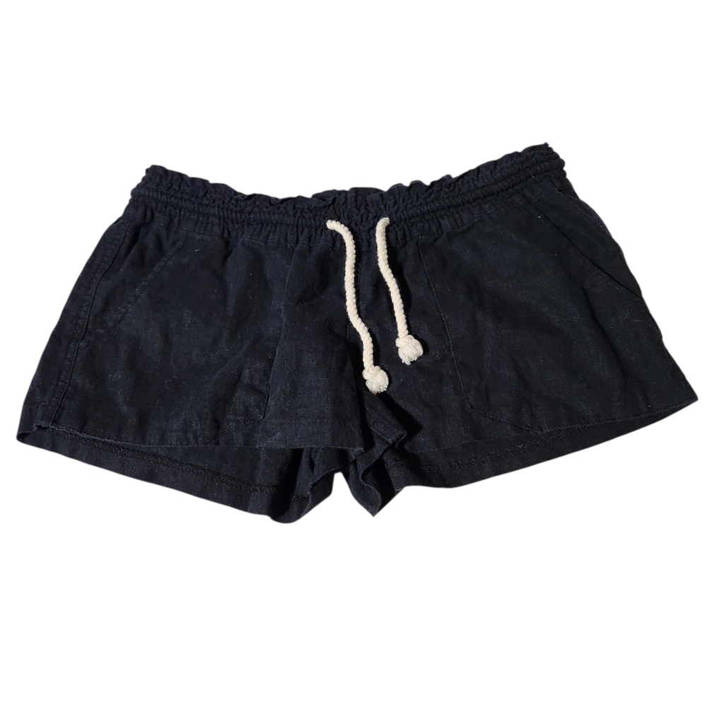 Roxy Shorts Women's Sz XL  Linen Blend Black Drawstring Ruched Coastal Beach